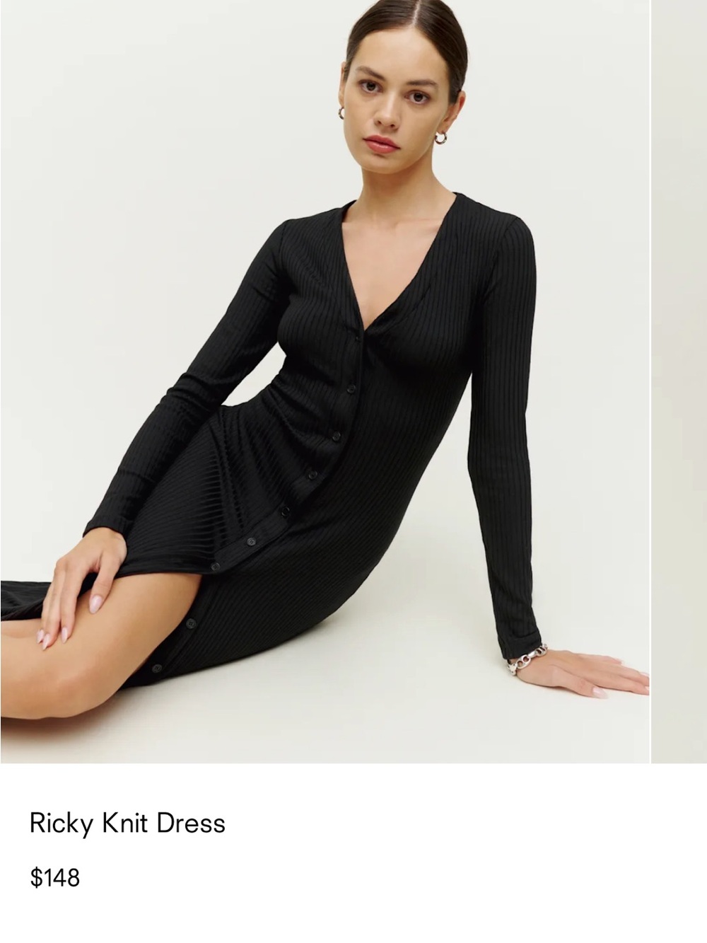 Reformation Black Long Ribbed Button-Front Sweater Dress